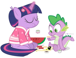 Size: 910x700 | Tagged: safe, artist:dm29, spike, twilight sparkle, g4, alternate hairstyle, duo, eating, food, kimono (clothing), simple background, sushi, transparent background, watermelon