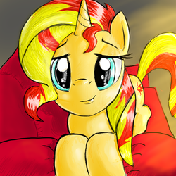 Size: 1000x1000 | Tagged: safe, artist:manfartwish, sunset shimmer, pony, unicorn, g4, couch, cute, female, looking at you, shimmerbetes, solo