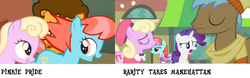 Size: 2132x668 | Tagged: safe, screencap, cheese sandwich, luckette, neigh sayer, rarity, strawberry ice, pony, unicorn, g4, pinkie pride, rarity takes manehattan, background pony, comparison, female, filly, foal, male, mare, singing, stallion