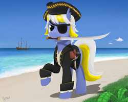 Size: 2055x1644 | Tagged: safe, artist:mrscroup, oc, oc only, earth pony, pony, beach, eyepatch, hat, mouth hold, ocean, pirate, pirate hat, signature, solo, sword