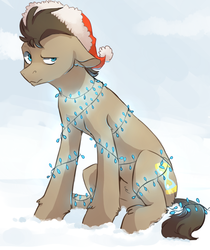 Size: 672x800 | Tagged: safe, artist:risu-nya, doctor whooves, time turner, g4, christmas lights, hat, male, santa hat, snow, solo