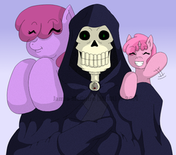 Size: 629x556 | Tagged: safe, artist:mr-101, berry punch, berryshine, lich, g4, skeleton, the adventures of damon lipton, trio