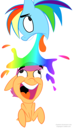 Size: 1077x1888 | Tagged: safe, artist:wreckham, rainbow dash, scootaloo, pegasus, pony, g4, abuse, duo, female, filly, mare, puking rainbows, scootabuse, scootobsession, simple background, tongue out, transparent background, vomiting, wat