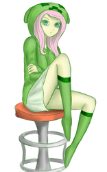 Size: 2000x3200 | Tagged: safe, artist:alicekvartersson, fluttershy, human, g4, clothes, creeparka, creeper, creepershy, female, high res, hoodie, humanized, minecraft, missing shoes, pose, skirt, socks, solo, stool