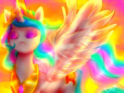Size: 640x480 | Tagged: safe, artist:melodybell, princess celestia, g4, eyes closed, female, glowing, smiling, solo, sunset