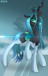 Size: 2980x4690 | Tagged: dead source, safe, artist:skyart301, queen chrysalis, changeling, changeling queen, g4, clothes, crown, female, high res, jewelry, looking at you, regalia, sexy, smiling, socks, solo, stockings, stupid sexy chrysalis, thigh highs