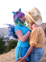 Size: 600x800 | Tagged: safe, artist:liquidshad0w, artist:sakai-mew-sky, applejack, rainbow dash, human, g4, clothes, cosplay, cowboy hat, female, hat, irl, irl human, jeans, lesbian, photo, ship:appledash, shipping