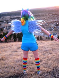 Size: 600x800 | Tagged: safe, artist:sakai-mew-sky, rainbow dash, human, g4, clothes, cosplay, irl, irl human, photo, rainbow socks, shorts, socks, solo, striped socks