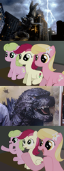 Size: 490x1305 | Tagged: safe, daisy, flower wishes, lily, lily valley, roseluck, kaiju, g4, exploitable meme, flower trio, godzilla, godzilla (1998), godzilla (monsterverse), godzilla (series), godzilla (tristar), godzilla 1998, godzilla 2014, meme, reaction guys