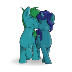 Size: 2000x2000 | Tagged: safe, artist:timsplosion, oc, oc only, oc:segite bulmer, earth pony, pony, unicorn, eyes closed, female, high res, male, nuzzling, simple background, straight, transparent background