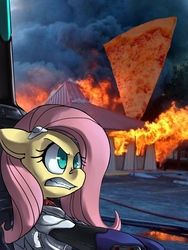 Size: 768x1024 | Tagged: safe, artist:uc77, edit, fluttershy, g4, crossover, female, fire, neon genesis evangelion, pizza, pizza hut, pizzavangelion, solo, teeth