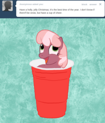 Size: 1089x1280 | Tagged: safe, artist:hollydash, cheerilee, earth pony, pony, ask holly dash, g4, ask, cup, cup of pony, female, micro, red solo cup, solo, tumblr