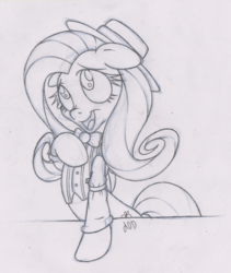 Size: 1511x1793 | Tagged: safe, artist:dfectivedvice, fluttershy, g4, bowtie, female, grayscale, monochrome, sketch, solo, traditional art