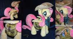 Size: 1384x750 | Tagged: safe, artist:essorille, applejack, fluttershy, rainbow dash, g4, bandana, hat, irl, photo, plushie, saddle bag, toy