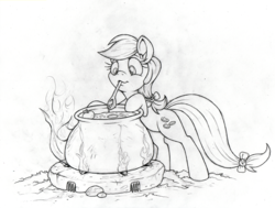 Size: 1057x800 | Tagged: safe, artist:dfectivedvice, apple fritter, g4, apple family member, cauldron, cooking, grayscale, monochrome, sketch, traditional art