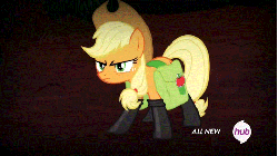 Size: 480x270 | Tagged: safe, artist:supereffectivebros, edit, edited screencap, screencap, applejack, g4, somepony to watch over me, all new, animated, chair, chairsaber, female, fireproof boots, general grievous, hoof hold, hub logo, jedi, lightsaber, lion tamer's chair, saddle bag, solo, star wars, text