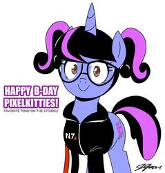 Size: 700x731 | Tagged: safe, artist:johnjoseco, oc, oc only, oc:pixelkitties, pony, unicorn, birthday, clothes, glasses, hoodie, mass effect, pixelkitties, solo