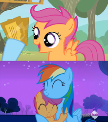 Size: 829x936 | Tagged: safe, edit, edited screencap, screencap, rainbow dash, scootaloo, g4, sleepless in ponyville, 1000 years in photoshop, fistful of tickets, fistful of yen, hilarious in hindsight, hug, scootalove, subverted meme, ticket