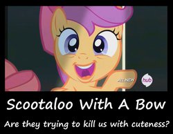Size: 1013x788 | Tagged: safe, edit, screencap, scootaloo, pegasus, pony, g4, somepony to watch over me, apple bloom's bow, bow, cute, cutealoo, female, filly, hub logo, meme, open mouth, raised hoof, scootabow, solo