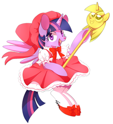 Size: 545x598 | Tagged: safe, artist:sion, twilight sparkle, alicorn, pony, g4, blushing, bow, cardcaptor sakura, clothes, cosplay, cute, dress, female, mare, pixiv, smiling, solo, textless, twiabetes, twilight scepter, twilight sparkle (alicorn)