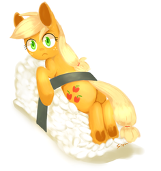 Size: 756x800 | Tagged: safe, artist:sion, applejack, earth pony, pony, g4, appletini, basashi, butt, female, food, mare, meat, micro, pixiv, plot, ponies in food, ponies in sushi, rice, solo, sushi, underhoof