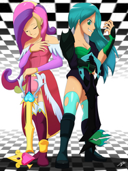 Size: 2400x3200 | Tagged: safe, princess cadance, queen chrysalis, human, g4, cleavage, clothes, disney, dress, duo, female, high res, humanized, keyblade, kingdom hearts, panties, skirt, underwear, upskirt