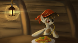 Size: 2100x1167 | Tagged: safe, artist:ardail, pipsqueak, earth pony, g4, bandana, colt, eating, eyepatch, foal, lantern, male, pipsqueak eating spaghetti, solo, spaghetti, table, wood