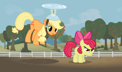 Size: 854x506 | Tagged: safe, edit, edited screencap, screencap, apple bloom, applejack, g4, helicopter, pun