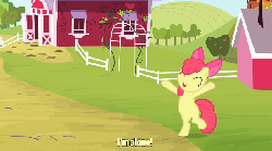 Size: 616x344 | Tagged: safe, screencap, apple bloom, earth pony, pony, g4, season 4, somepony to watch over me, adorabloom, animated, bipedal, cute, female, filly, flailing, foal, gif, happy, hoofy-kicks, jumping, on back, smiling, solo, squishy cheeks, subtitles