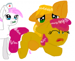 Size: 704x576 | Tagged: safe, artist:crystal shine, apple bloom, applejack, nurse redheart, g4, apple bloom is a brat, applebrat, crying, holding, screaming, simple background, syringe, tantrum, trypanophobia, white background