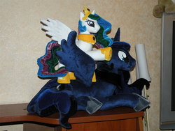 Size: 1000x750 | Tagged: safe, artist:essorille, princess celestia, princess luna, g4, celestia riding luna, irl, photo, plushie, ponies riding ponies, riding