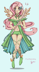 Size: 434x800 | Tagged: safe, artist:synthia, fluttershy, human, g4, belly button, clothes, dress, female, flute, gala dress, hot pants, humanized, midriff, musical instrument, open clothes, pixiv, shorts, solo, winged humanization