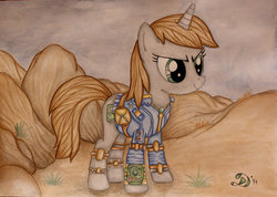 Size: 1024x728 | Tagged: safe, artist:diamondwolfart, oc, oc only, oc:littlepip, pony, unicorn, fallout equestria, clothes, cloud, cloudy, cutie mark, fanfic, fanfic art, female, hooves, horn, jumpsuit, mare, pipbuck, saddle bag, smiling, solo, traditional art, vault suit, wasteland