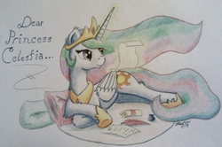 Size: 2462x1632 | Tagged: safe, artist:niegelvonwolf, princess celestia, g4, female, magic, scroll, solo, traditional art