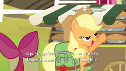 Size: 1920x1080 | Tagged: safe, screencap, apple bloom, applejack, earth pony, pony, g4, somepony to watch over me, apple bloom's bow, bow, cart, cowboy hat, food, hair bow, hat, lidded eyes, open mouth, pie, saddle bag, stetson