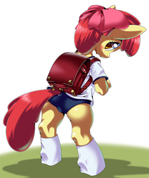 Size: 800x954 | Tagged: safe, artist:oze, apple bloom, earth pony, pony, semi-anthro, g4, adorabloom, arm hooves, backpack, bipedal, blushing, clothes, cute, female, filly, foal, randoseru, schoolgirl, socks, solo
