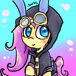 Size: 400x400 | Tagged: safe, artist:itoasters, fluttershy, pegasus, pony, g4, bunny ears, clothes, dangerous mission outfit, female, goggles, hoodie, mare, smiling, solo
