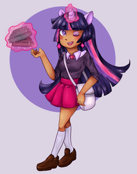 Size: 946x1199 | Tagged: safe, artist:kabukicolored, twilight sparkle, human, g4, clothes, dark skin, eared humanization, female, horn, horned humanization, humanized, kneesocks, magic, miniskirt, school uniform, schoolgirl, skirt, socks, solo