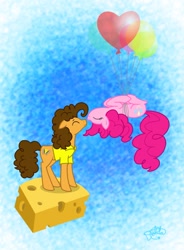 Size: 767x1042 | Tagged: safe, artist:dalilastar, cheese sandwich, pinkie pie, g4, balloon, cheese, eyes closed, female, male, ship:cheesepie, shipping, straight, then watch her balloons lift her up to the sky, upside down