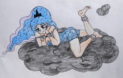Size: 1657x1053 | Tagged: safe, artist:7yashka7, artist:synch-anon, princess luna, human, g4, anklet, barefoot, bedroom eyes, clothes, cloud, feet, female, humanized, nightgown, prone, smiling, solo, stormcloud, traditional art
