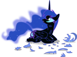 Size: 3368x2489 | Tagged: safe, artist:vector-brony, nightmare moon, princess luna, alicorn, pony, g4, broken, colored, female, frown, high res, injured, missing accessory, nightmare luna, open mouth, prone, sad, simple background, solo, transparent background, vector