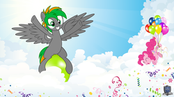Size: 10290x5731 | Tagged: safe, artist:abydos91, pinkie pie, oc, pegasus, pony, g4, absurd resolution, balloon, balloon riding, cloud, cloudy, commission, party, that pony sure does love balloons, then watch her balloons lift her up to the sky, vector