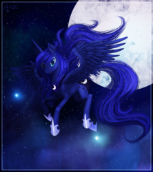 Size: 4000x4500 | Tagged: safe, artist:dalagar, princess luna, alicorn, pony, g4, female, flying, full moon, looking at you, mare, moon, night, solo, stars