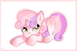 Size: 1222x803 | Tagged: dead source, safe, artist:toroitimu, sweetie belle, g4, blushing, cute, diasweetes, female, looking at you, prone, solo
