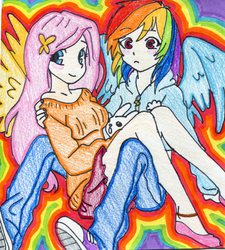 Size: 1524x1692 | Tagged: safe, artist:awkwardartist666, artist:racoonsan, edit, angel bunny, fluttershy, rainbow dash, human, g4, breasts, clothes, converse, humanized, off shoulder, shoes, skirt, sweater, sweatershy, traditional art, winged humanization