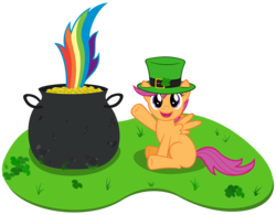 Size: 4500x3504 | Tagged: safe, artist:stabzor, rainbow dash, scootaloo, pegasus, pony, g4, clover, cute, cutealoo, female, filly, hat, mare, pot of gold, saint patrick's day, simple background, tail, transparent background, vector