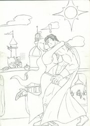 Size: 757x1056 | Tagged: safe, artist:flanaganisking, princess celestia, human, g4, batman, canterlot, crossover, crossover shipping, dc comics, exclamation point, female, heart, humanized, kissing, male, monochrome, straight, sun, supelestia, superman, traditional art