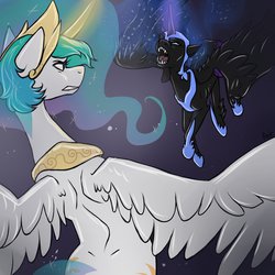 Size: 894x894 | Tagged: safe, artist:theantsden, nightmare moon, princess celestia, g4, fight, flying