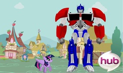 Size: 1698x1013 | Tagged: safe, twilight sparkle, alicorn, pony, g4, female, mare, optimus prime, ponyville, transformers, transformers prime, twilight sparkle (alicorn)