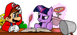 Size: 1200x554 | Tagged: safe, artist:s216barber, twilight sparkle, human, pony, unicorn, g4, book, cat bell, crossover, duo, fire flower, goomba's shoe, hammer, human and pony, magic, magic aura, male, mario, needs more jpeg, plant, quill, simple background, sitting, super bell, super mario bros., table, telekinesis, unicorn twilight, white background, writing
